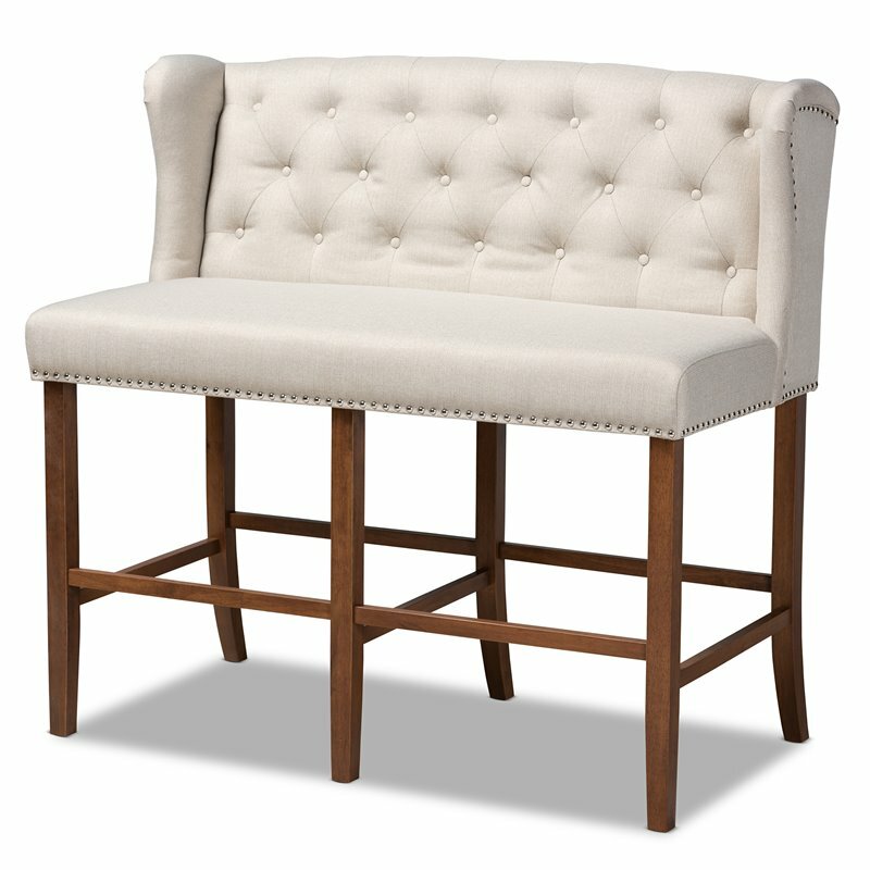 Bowery Hill Beige Upholstered Walnut Finished Bar Stool Bench