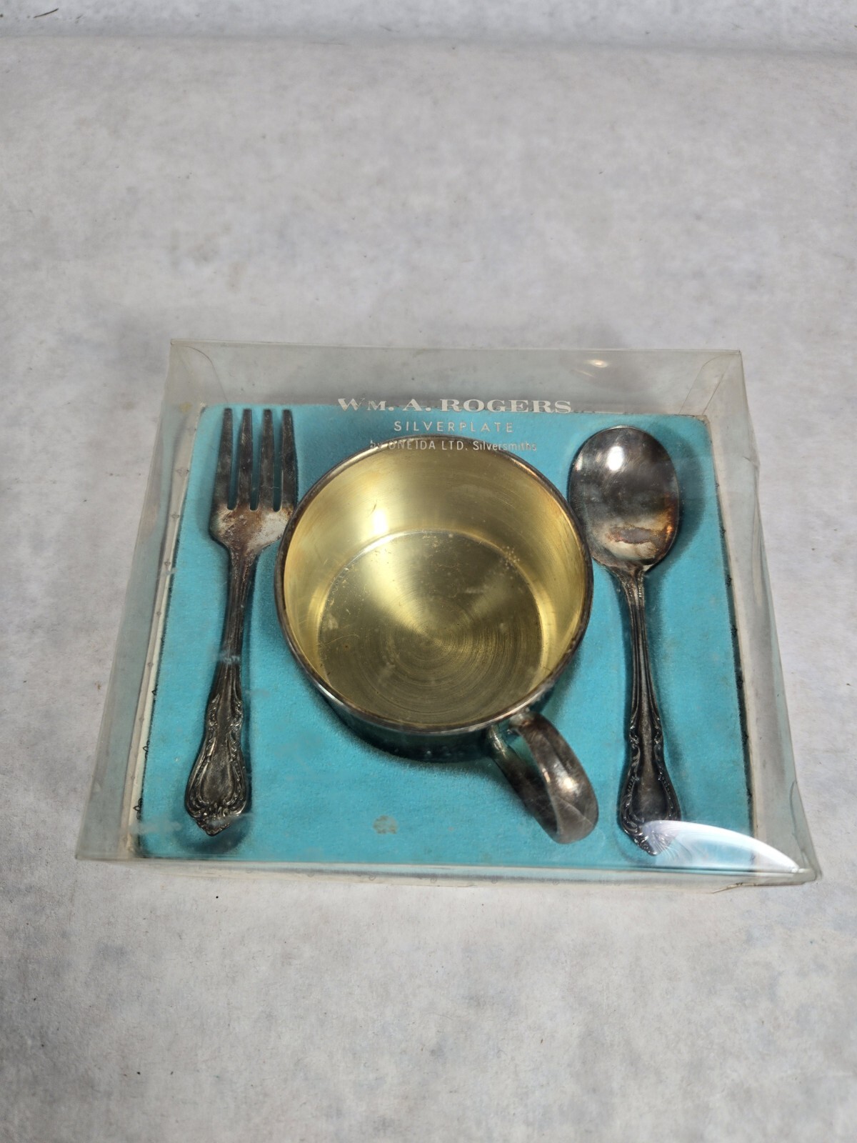 Wm A. Rogers Silverplate By Oneida LTD Silversmiths Child Cup Fork Spoon & Box