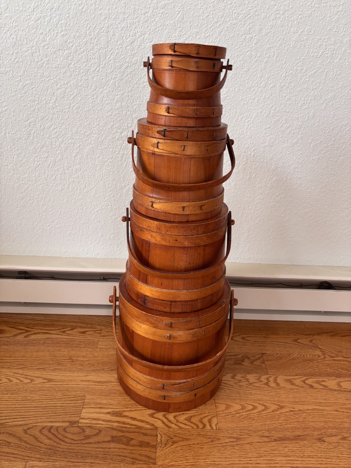 Antique Primitive Graduated Firkin Set 19th C Wood Sugar Buckets 28″