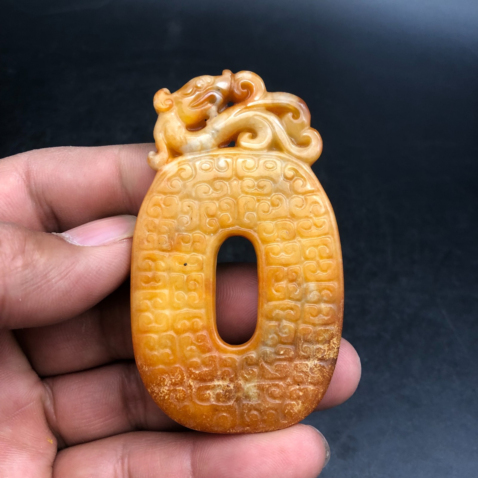 Old China HongShan Culture Jade Hand-Carved Dragon YuBi Amulet Pendant,#334
