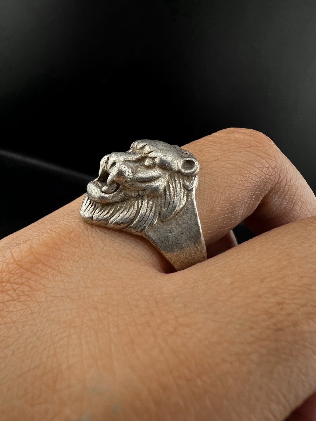 Rare Vintage Solid Silver Lion 2 Frog Head Ring
