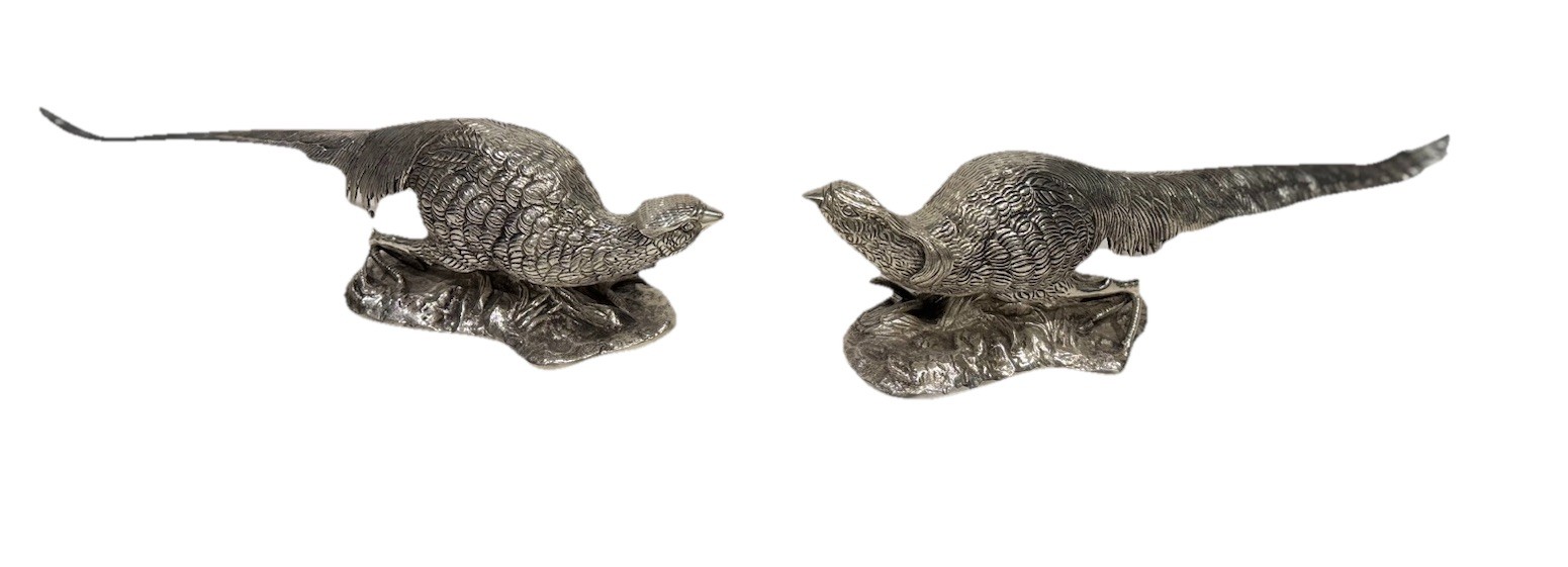 Pair Antique Victorian Silver Plated Bronze Pheasants Table Ornaments/Sculptures