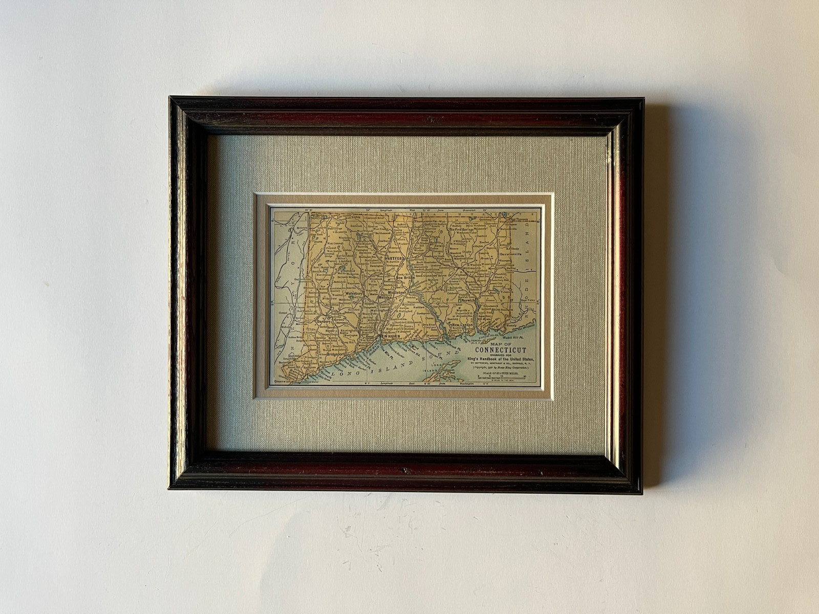 1891 CONNECTICUT “Copper” State Map by Matthews-Northrup Frame/Mat SEE DESCRIP