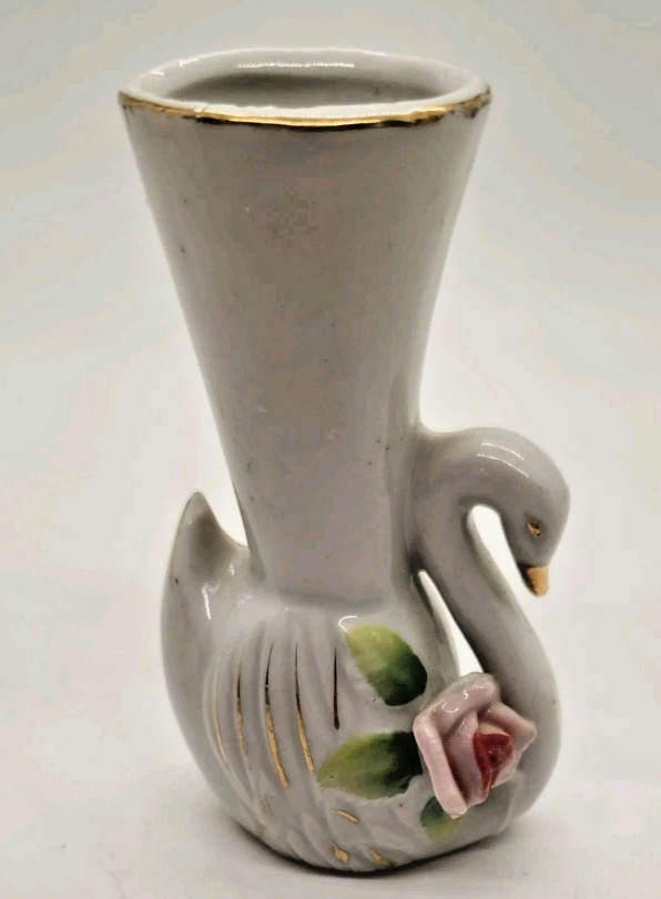 Vintage bone china swan rose flower vase decor leaf Japan Porcelain Painted Vase
