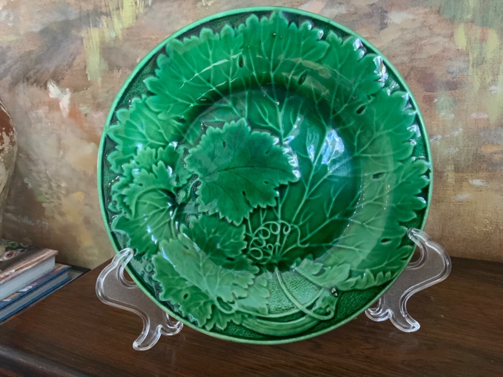 English Antique Pottery Green Majolica Leaf Plate C1900 Small 7.5 inches