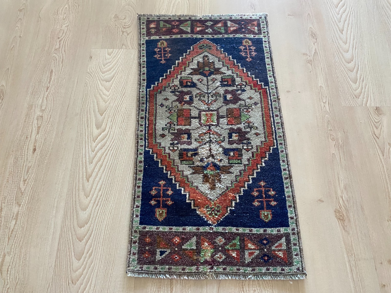 Vintage Small Rug 1.4×2.6 ft Blue with Bold Geometric Medallion Doormat Carpet