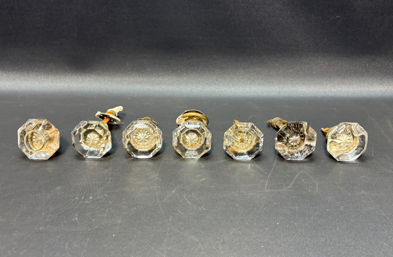 Vintage Clear Crystal Glass 8 Point Door Knobs – Lot of 7 – 2 Inch