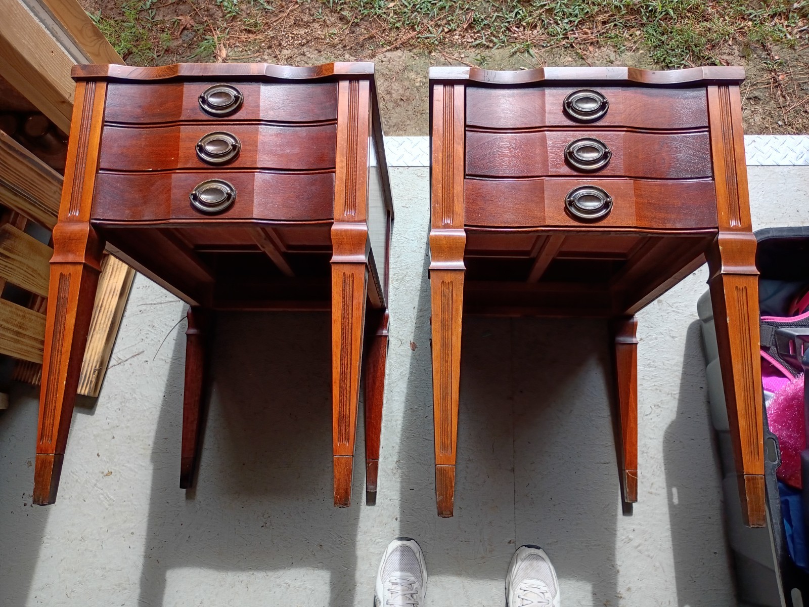 Vintage Mahogany & Gold-Tooled Leather Nightstands