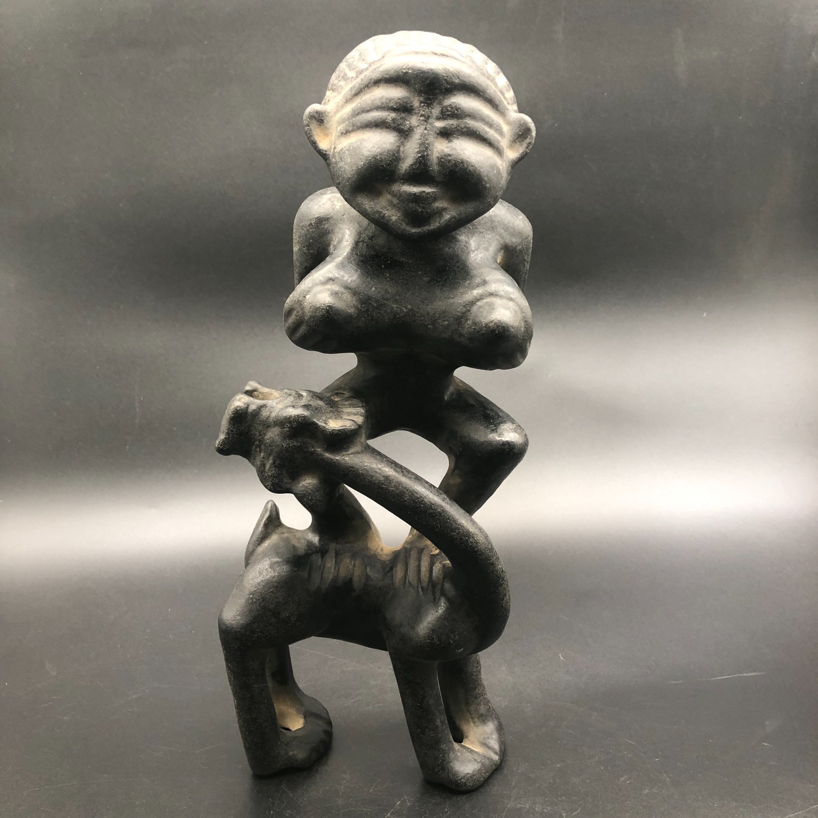 Old HongShan Culture Meteorite Jade Carved Primitive people & God Beast Statue