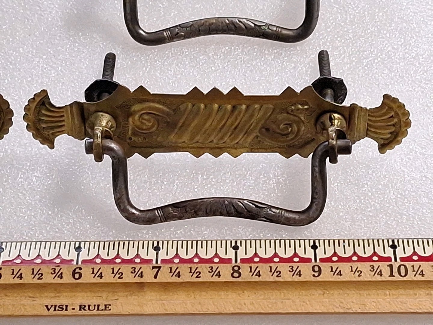 Antique Wrought Pressed Brass Drop Ring Pull Handle Set Of 4 2 Tone Metal Nice !