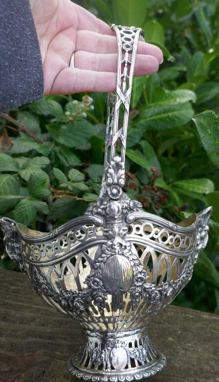 Antique Ornate Sterling Open Work Basket w/ Rams Heads with Original Glass