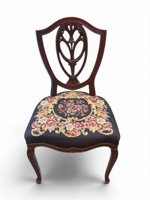 Vintage Hepplewhite Shield Back Needlepoint Accent Chair Mahogany Finish
