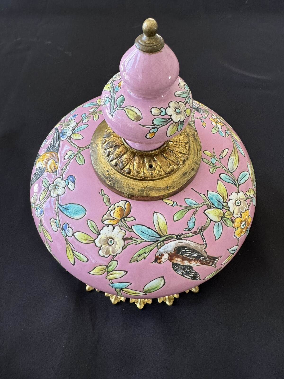 Antique French Porcelain Majolica Chandelier Hanging Lamp Vase Bird Pink Bronze