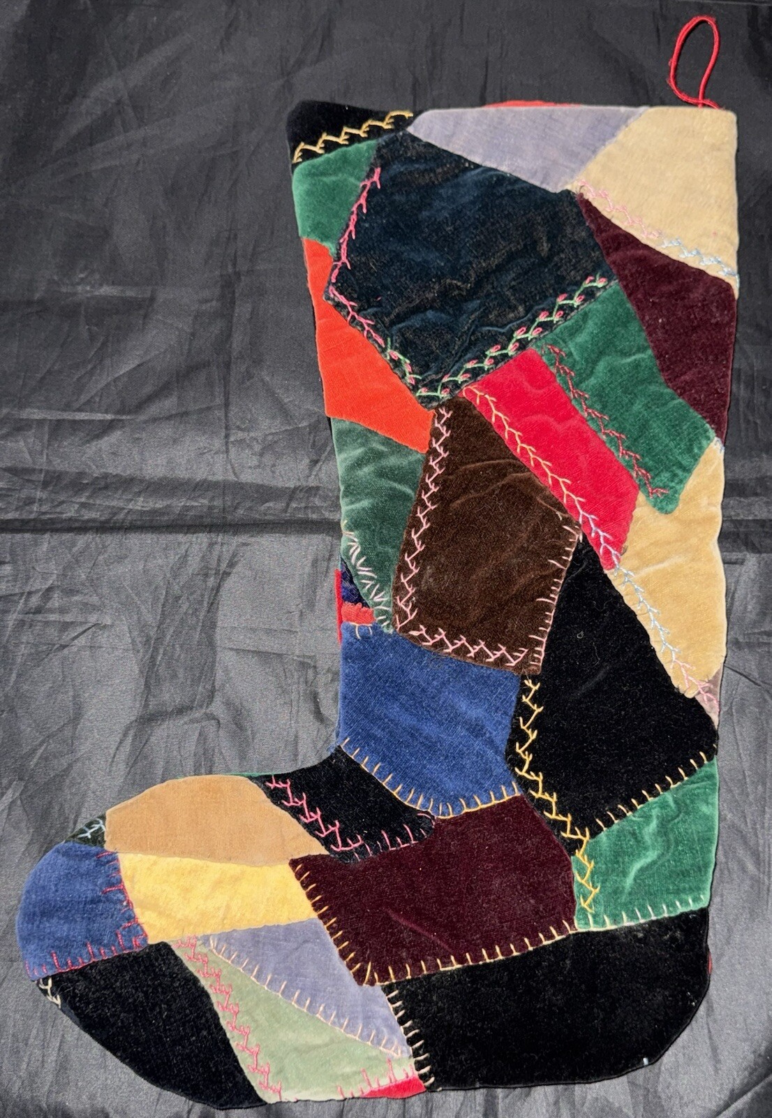Vintage Patchwork Velour Suede Christmas Stocking 16” Long TI1