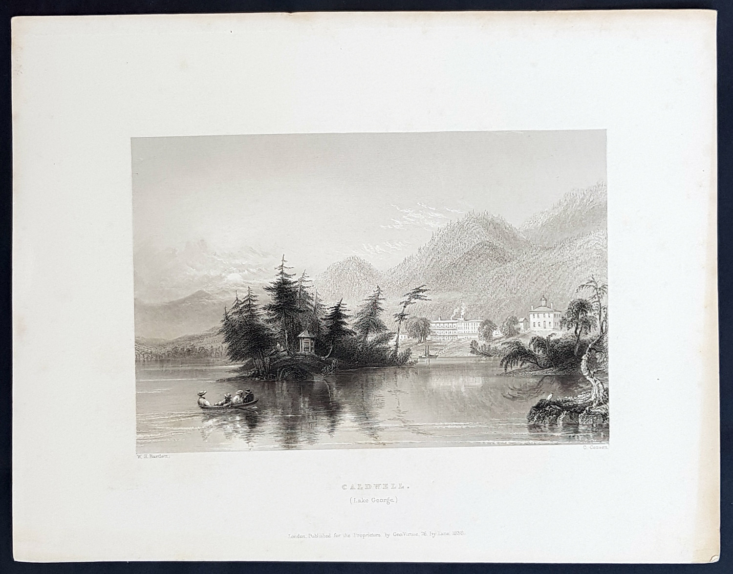 1840 William Bartlett Antique Print View of Lake George, Caldwell, New York