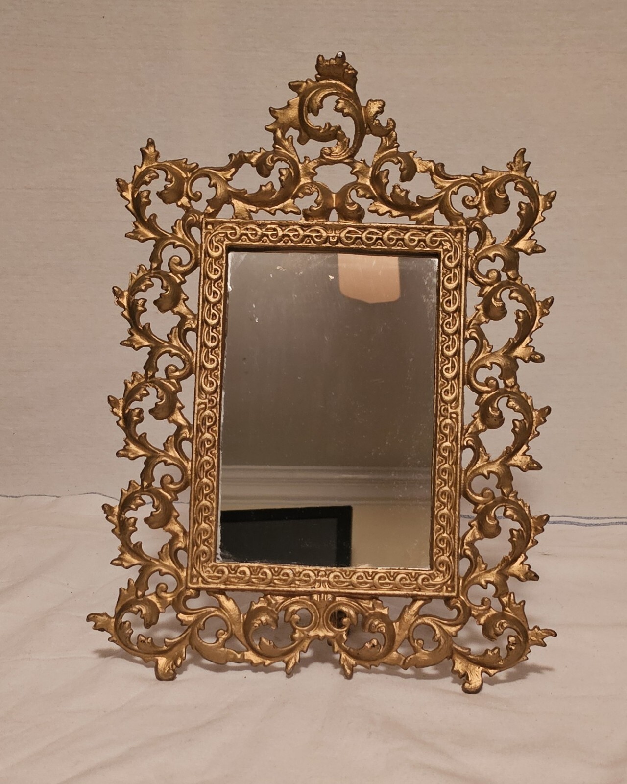VTG Iron Art Filigree Gold Tone Mirror Sq 16″ X 11″ Ornate Victorian