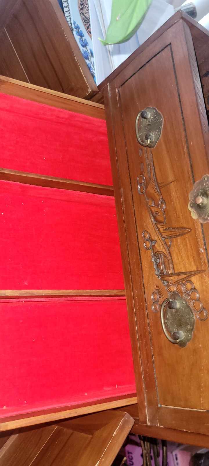 Vintage Asian Secretary Jewelry RARE Box Cabinet Carved Wood Red Velvet Drawers