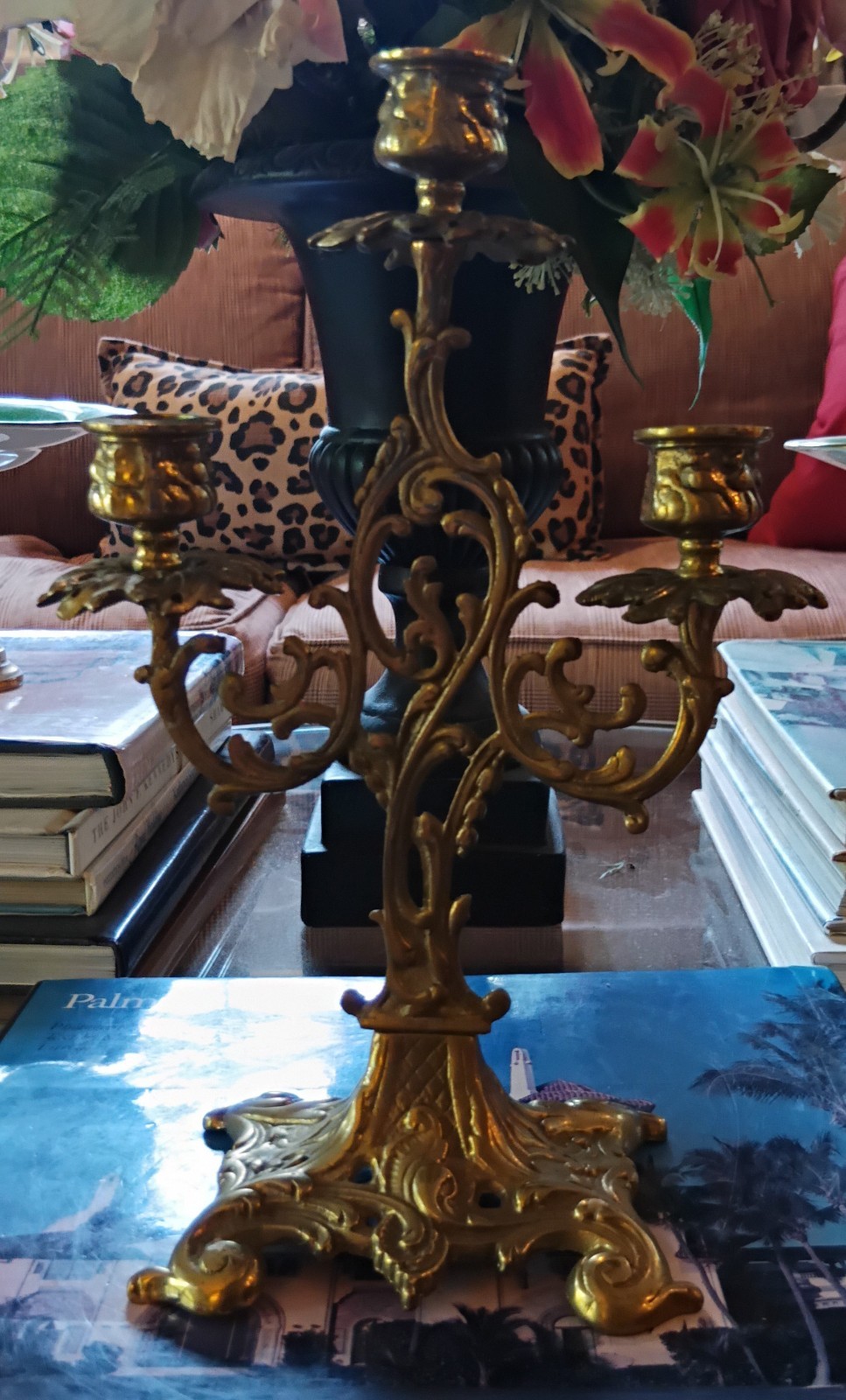 ANTIQUE STYLE ACANTHUS LEAF AND SCROLL MOTIF BRASS CANDELABRA