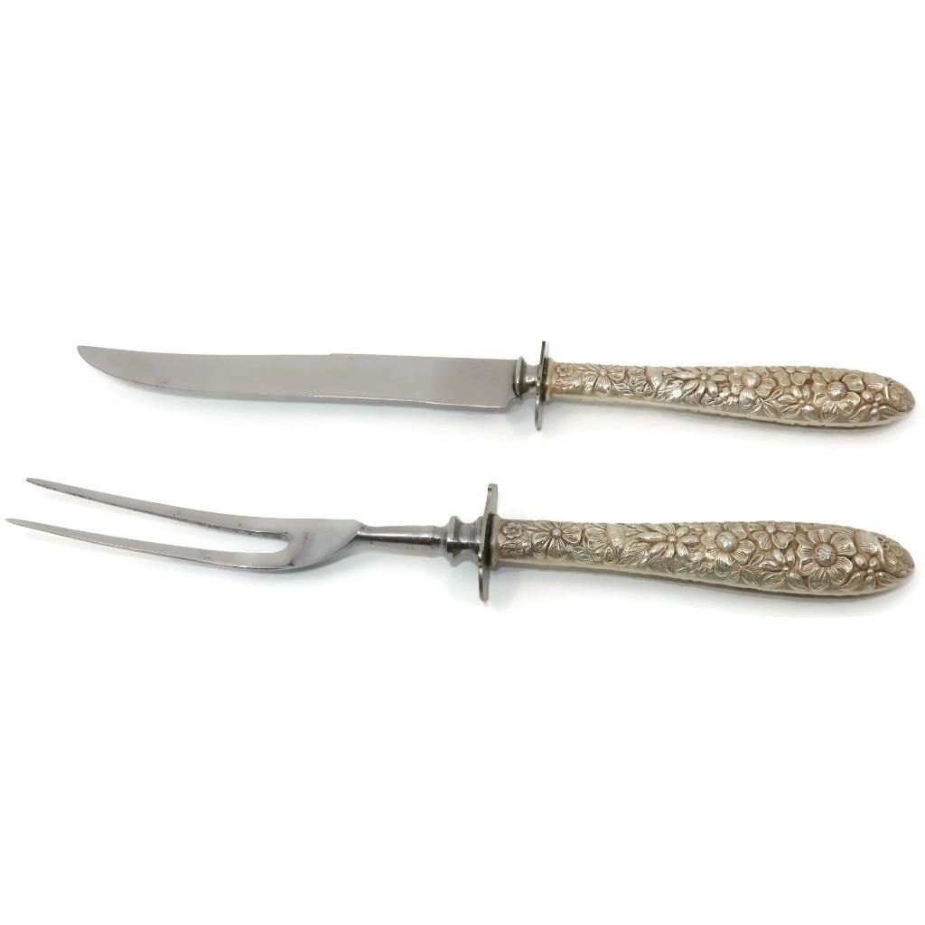 Repousse Sterling Handle Knife & Fork w/ Guard Carving Set, 10 3/8″ & 9 1/4″