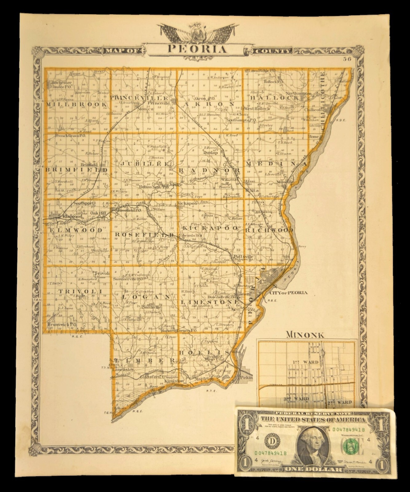 ca 1876 PEORIA COUNTY Illinois Map City of Peoria Chillicothe Original Atlas