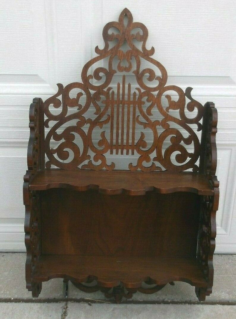 Vintage Pierce Carved Mahogany Finished Double Wall Shelf