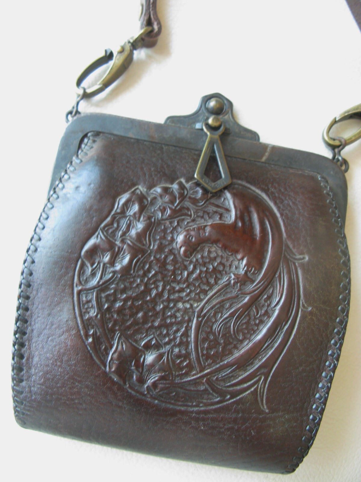 Antique Art Nouveau Deco Bird Of Paradise Tooled Brown Leather Purse JEMCO