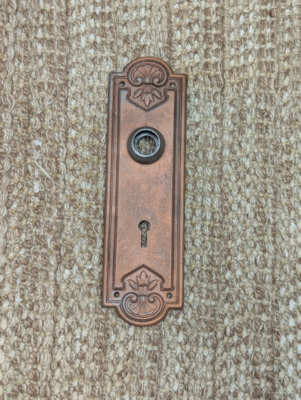 2 1/4″ x 7 7/16″ Antique Stamped Steel Door Knob Plate-Copper Finish