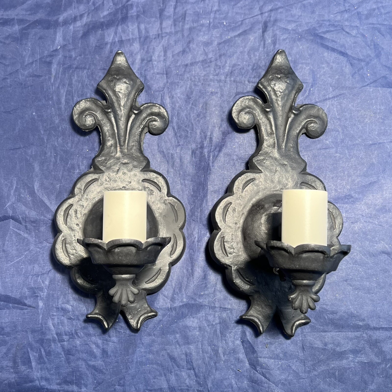 Pair Antique Gothic Candle Wall Sconces Rewired Fixtures 144D