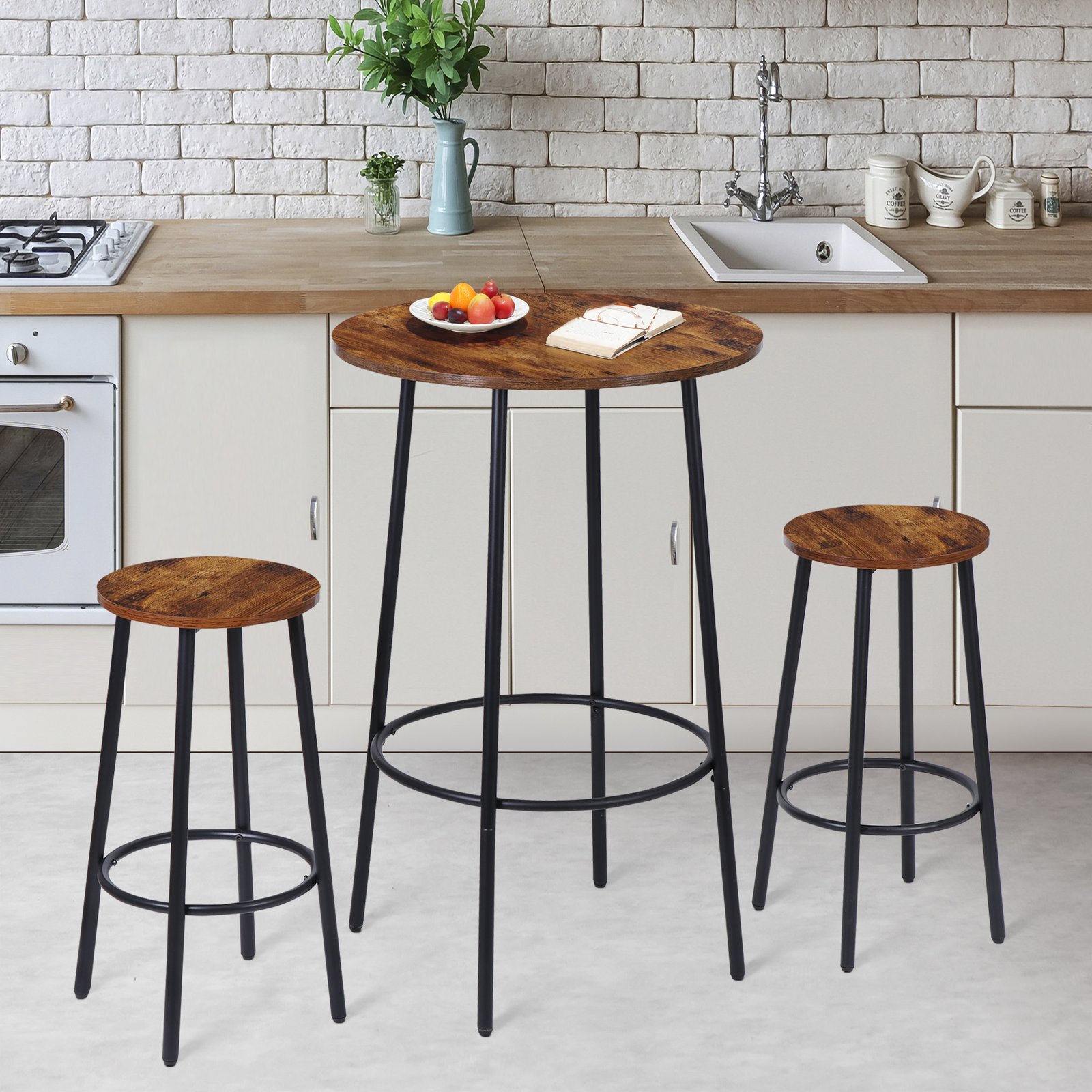 3 Piece Pub Dining Table Set Wooden Round Breakfast Tables w/2 Bar Chairs Stools