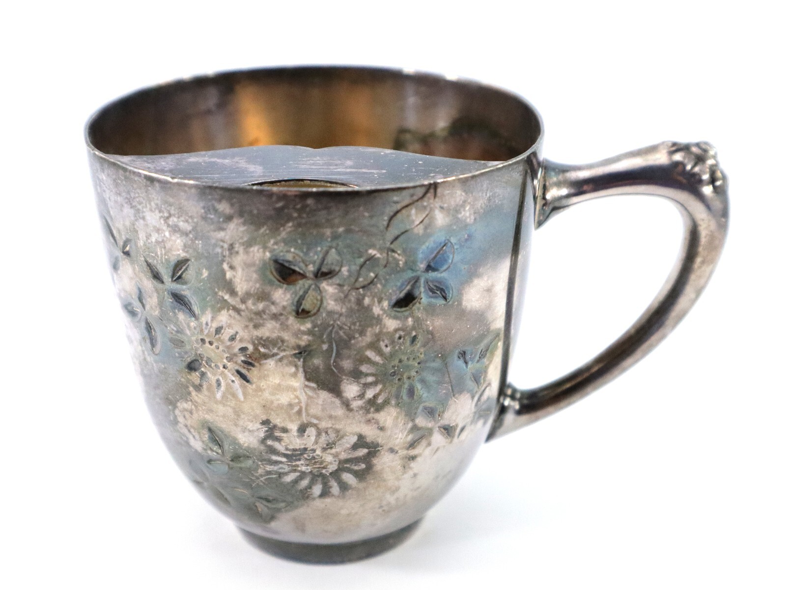 Durby Silver Co MUSTACHE MUG 3906 Quadruple Plate Stamped Flowers Antique