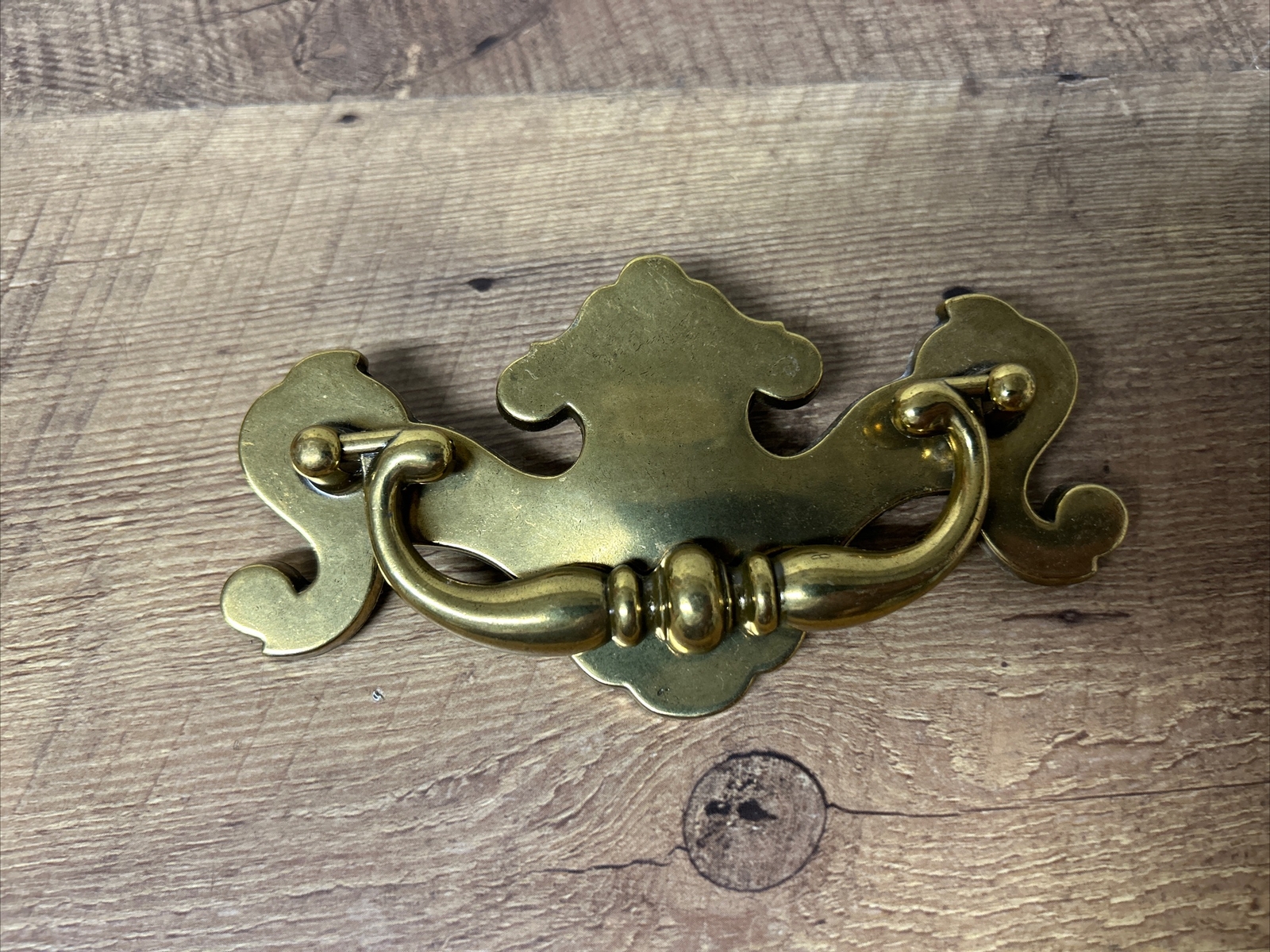 Brass Finish Drawer Pull Handle. 5″ x 2-1/2″. Holes 3″ apart. NOS NEW