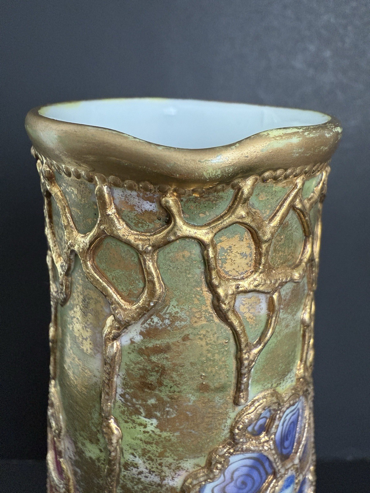 Rare Antique Nippon Hand Painted Raised Moriage Pitcher Vase Art Nouveau Style