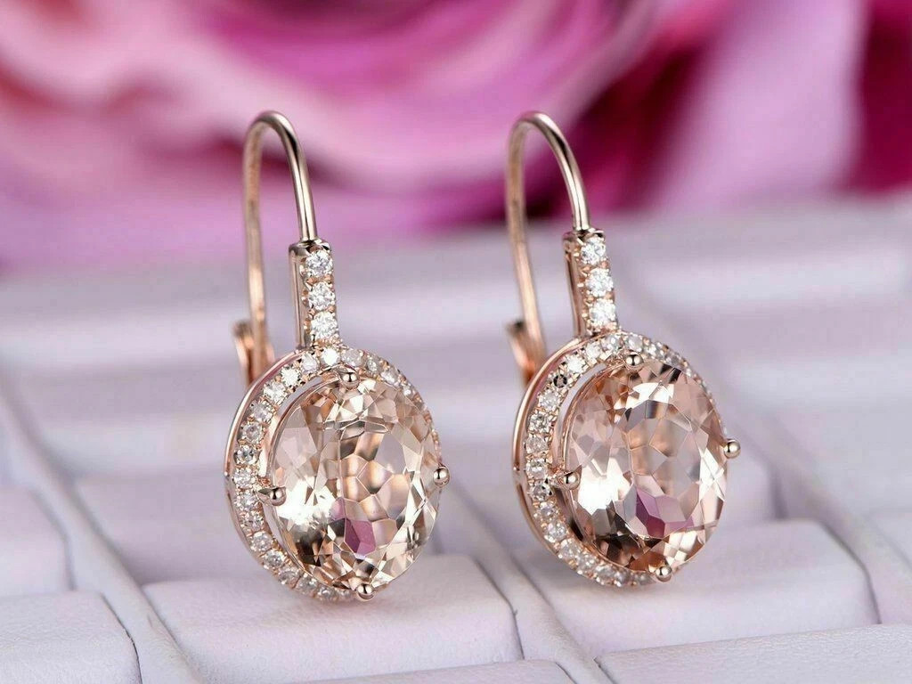 4Ct Oval Cut Morganite Diamond Drop/Dangle Earrings Solid 14K Rose Gold Plated