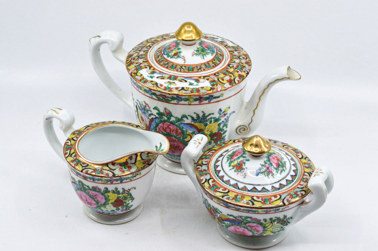 Vintage Chinese, butterfly pattern, teapot. sugar amd creamer, teaset