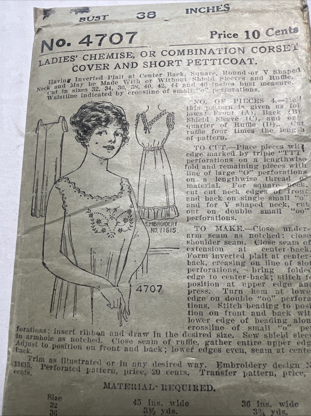 Antique Pictorial Review Sewing Pattern Chemise Bust 38 Corset Cover Petticoat