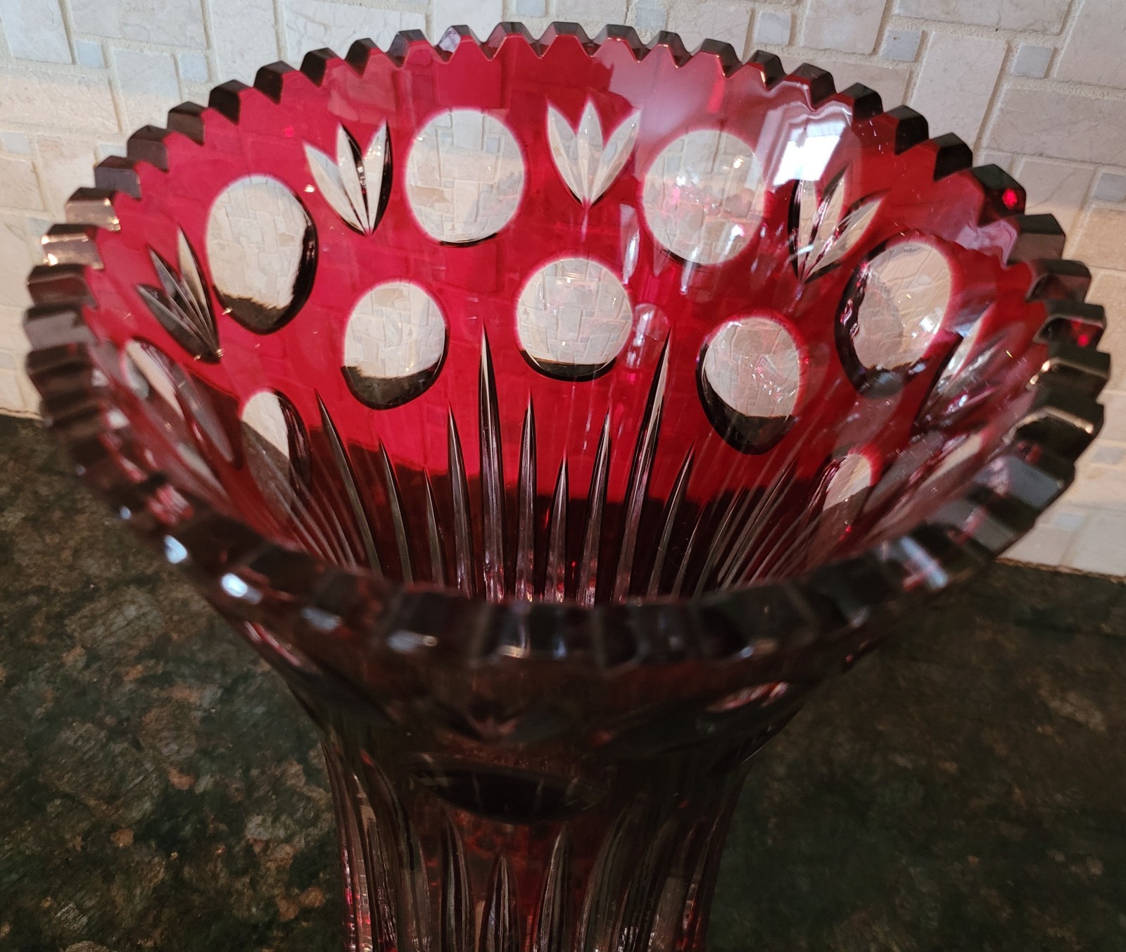 Large Antique Ruby Cut to Clear Crystal vase in perfect condition, 10 1/8″ Tall