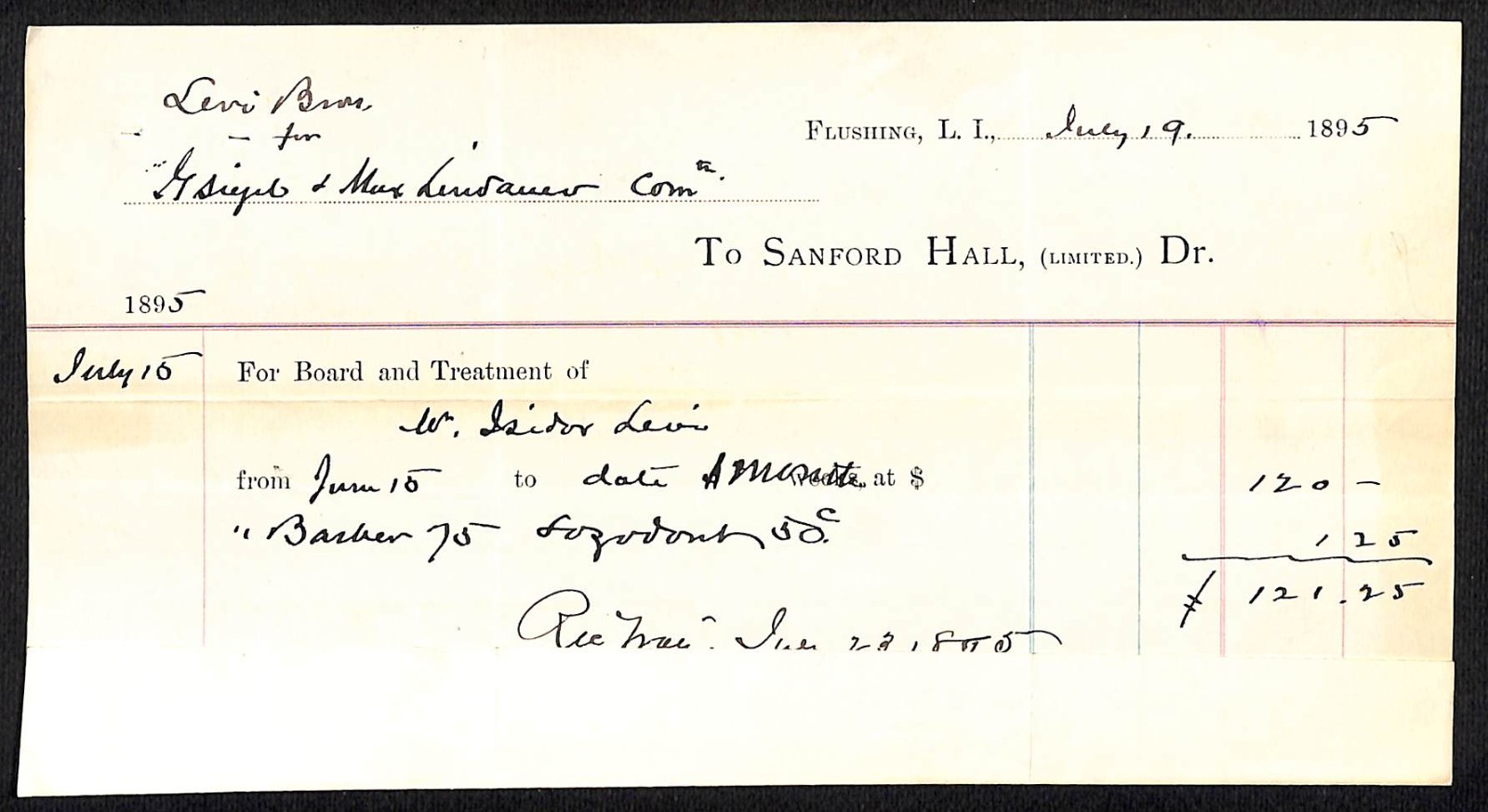 1895 Sanford Hall (Sanitarium) Flushing Queens Medical Treatment Billhead (#35)
