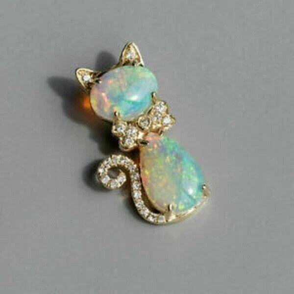 Adorable Cat 3Ct Oval Fire Opal & Diamond Pendant 14K Yellow Gold Plated Silver