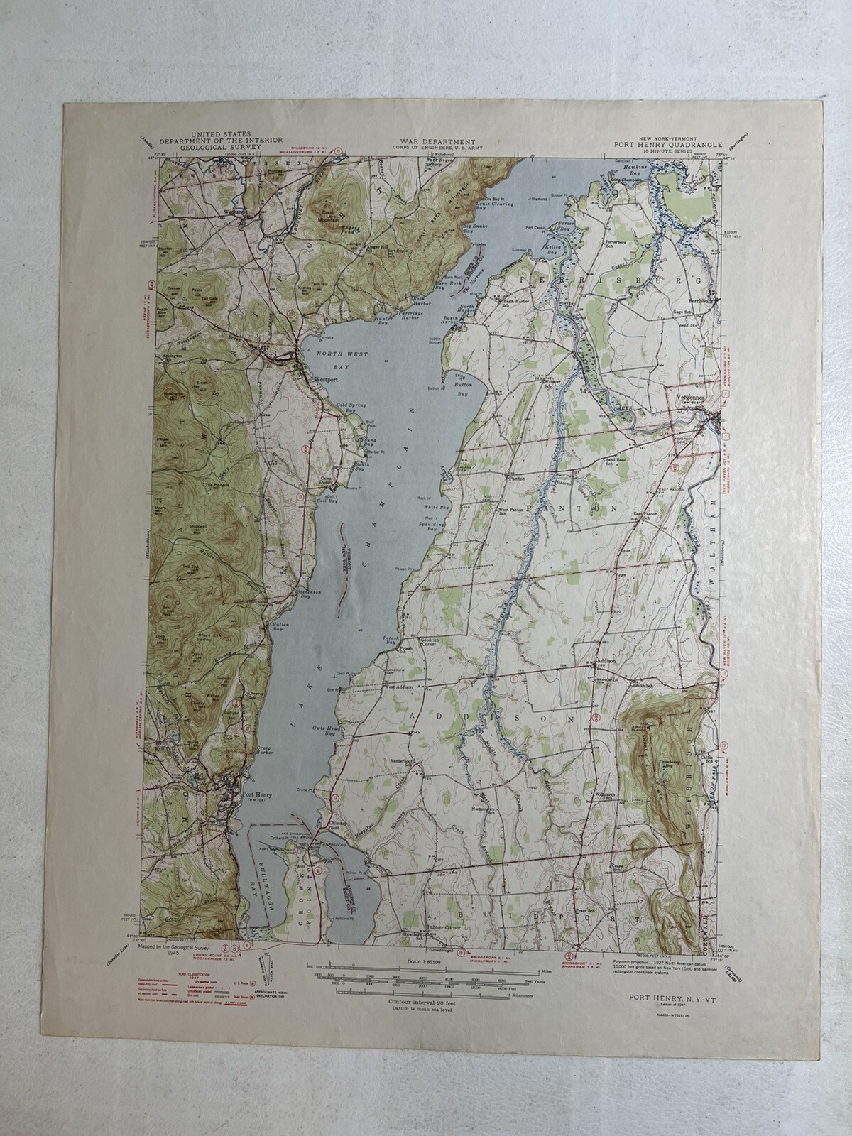 Vintage topographical map Port Henry New York lake Champlain 1947 21”x17” Paper