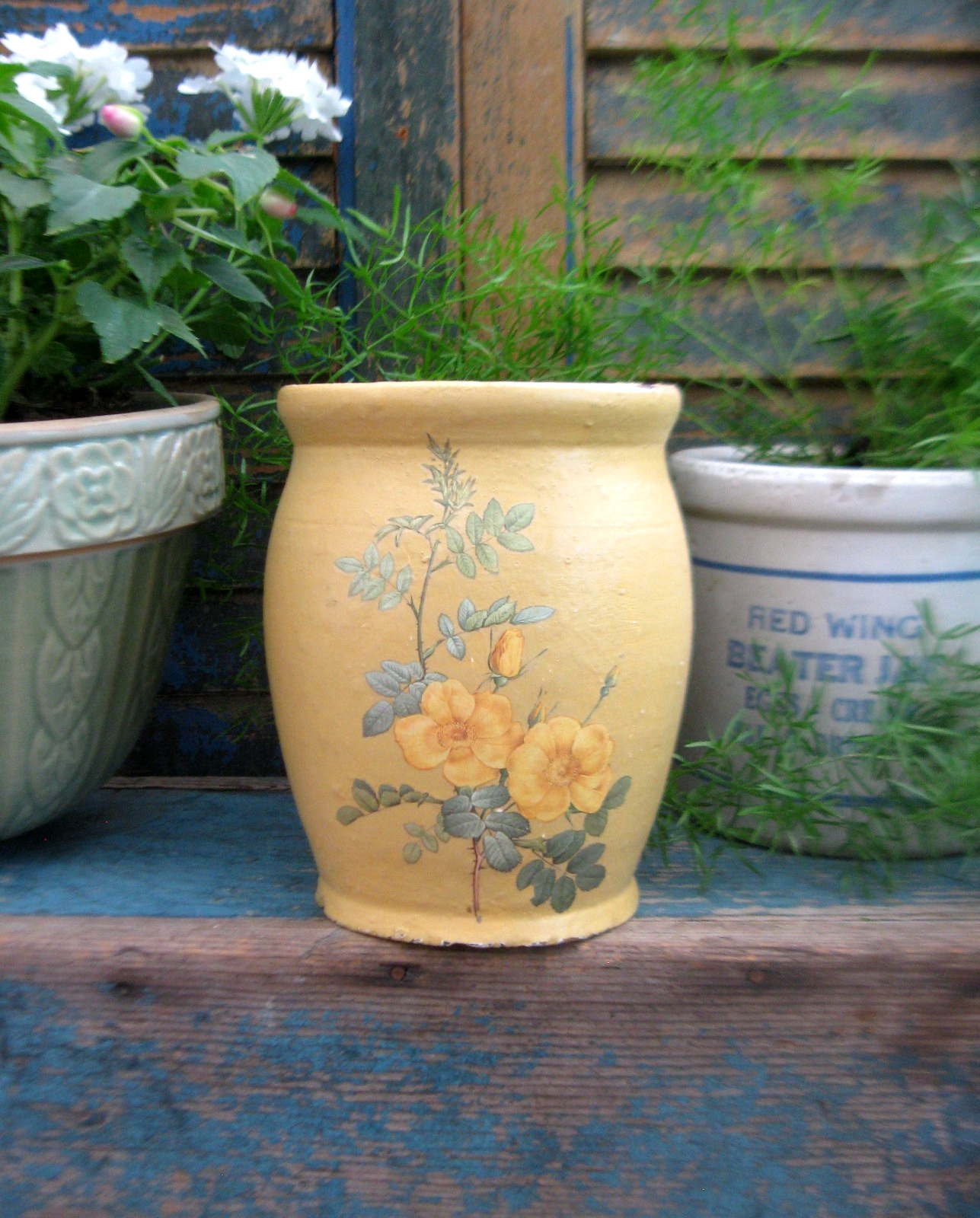 Antique Stoneware Crock Butter Yellow Milk Paint Wild Rose Transfer
