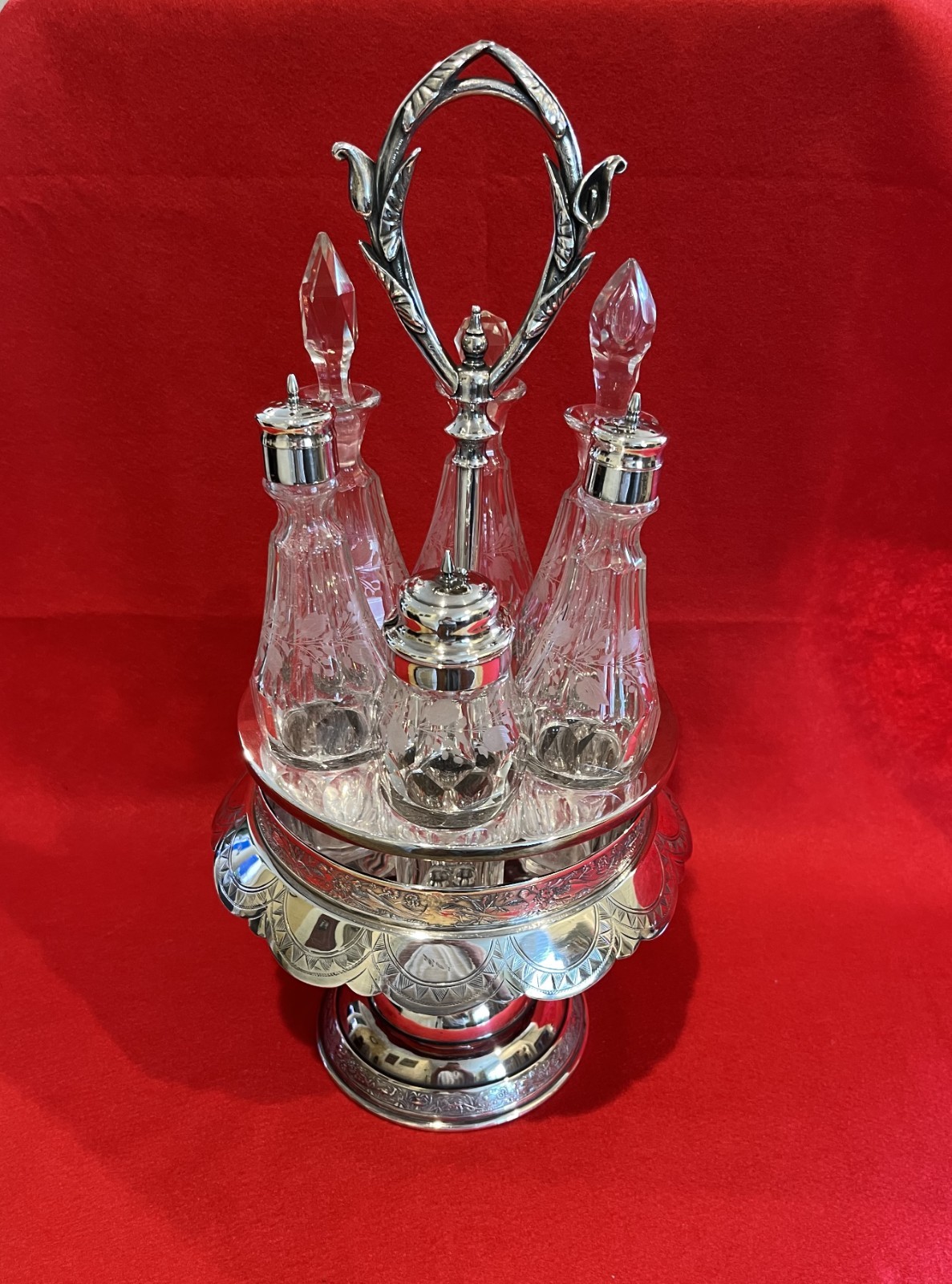Simpson, Hall, Miller & Co. Antique 6 Bottle Cut Glass Cruet Set, Treble Plate