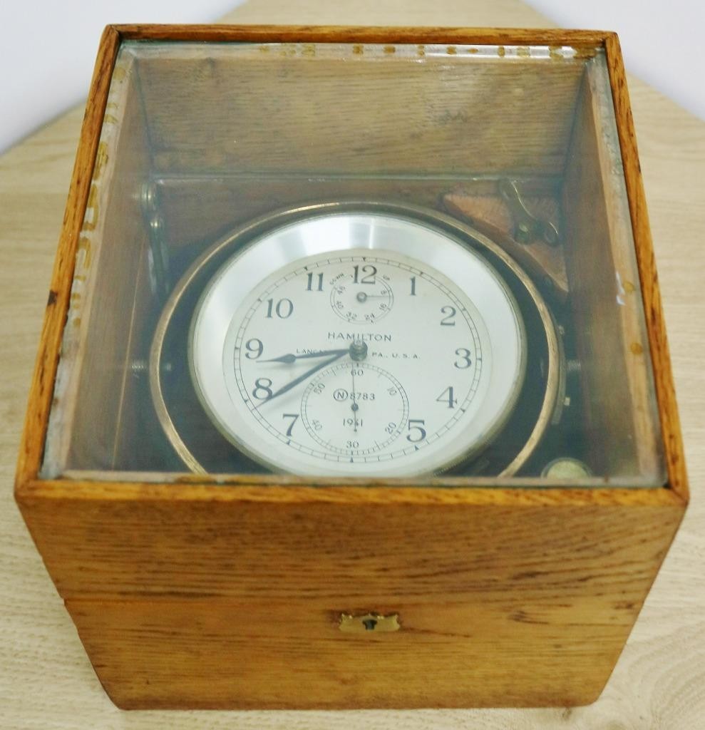 Rare Antique 2 Day Hamilton Golden Oak Boxed Single Fusee Marine Chronometer