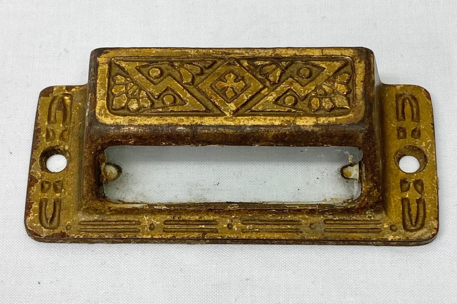 Antique Cast Iron Detailed Bin Apothecary Cupboard Drawer Pull With Glass Label