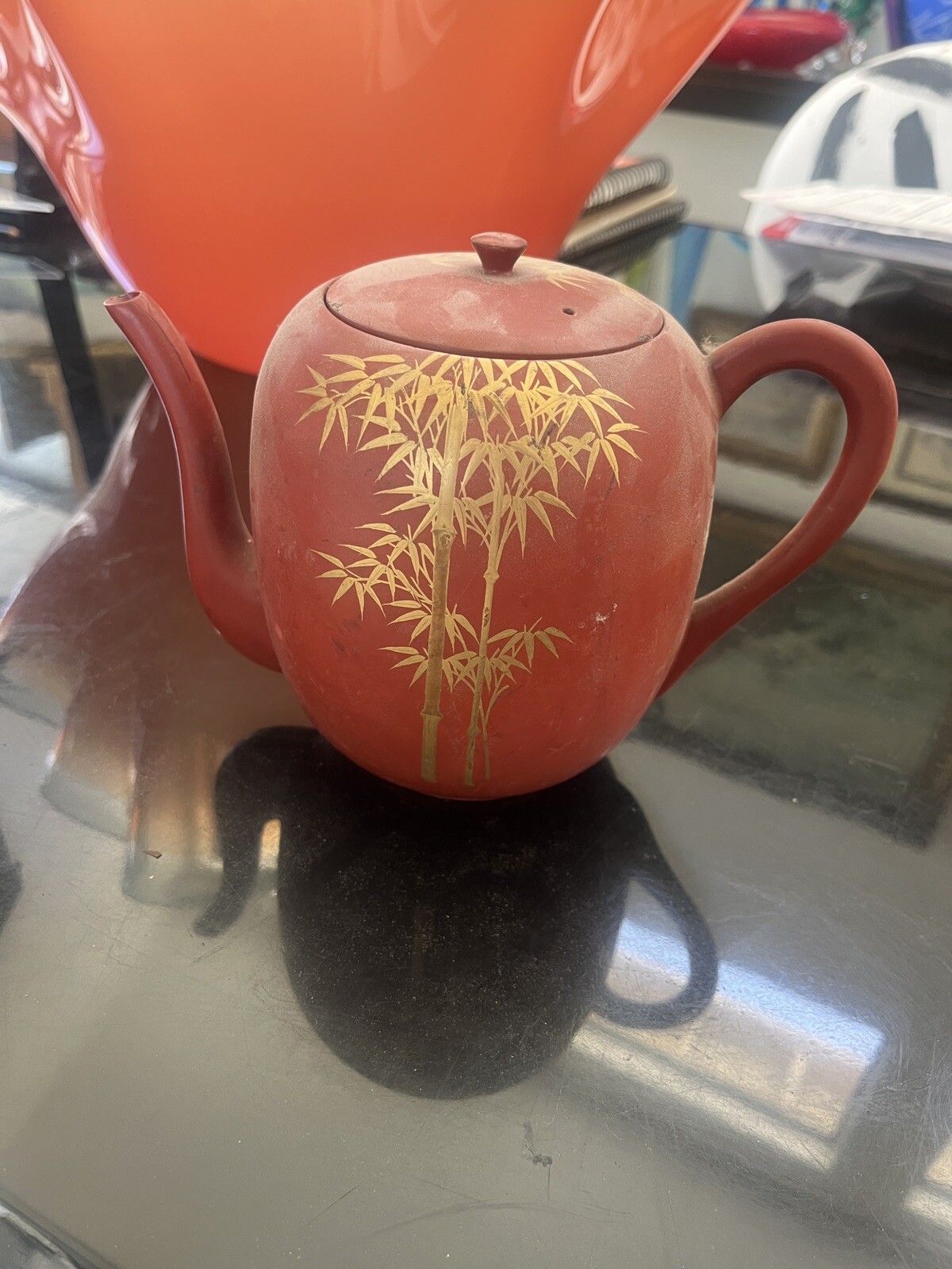 Rare Antique Japanese Red Lacquer Teapot With Bamboo Gold Design Rust Red Color