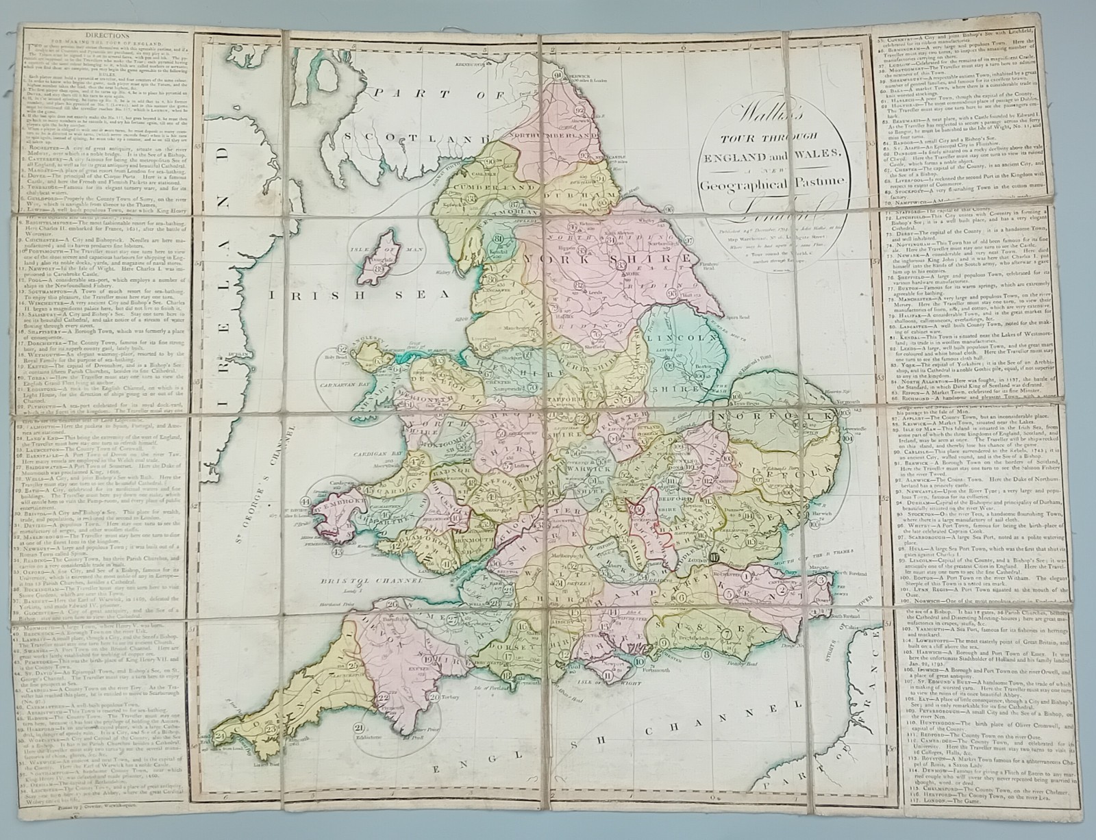1794 Wallis’s Tour Through England and Wales linen backed map board game
