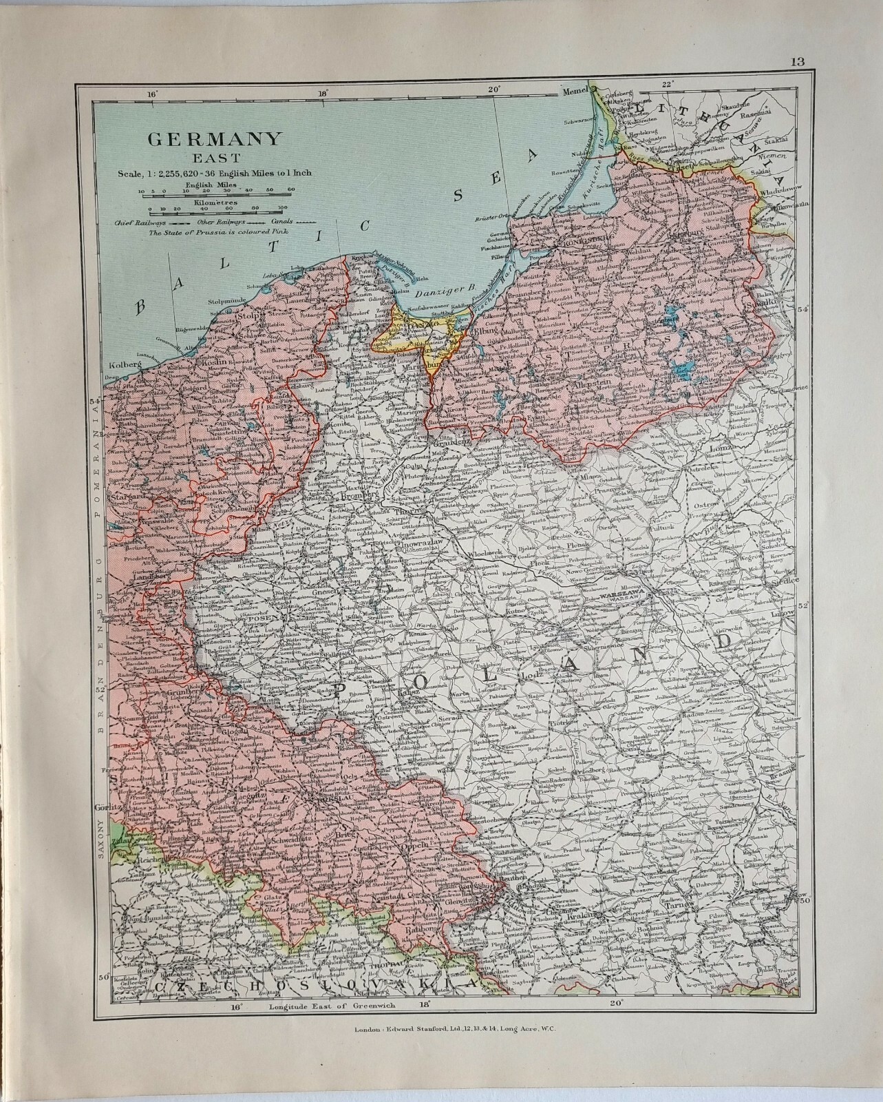 1926 MAP GERMANY EAST ~ DANZIG POLAND KOSLIN KONIGSBERG POSEN BRESLAU
