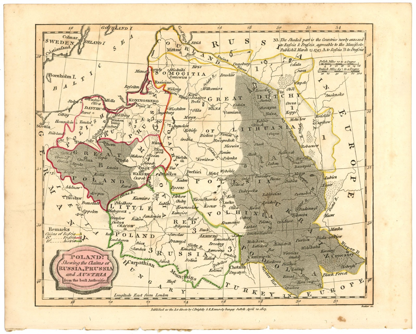 Original 1807 Poland Map from the Best Authorities by Barlow w/ Hand Coloring
