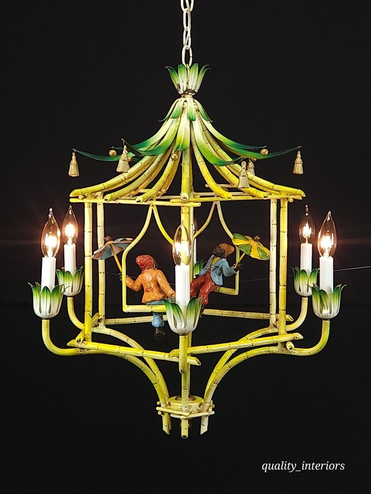 ANTIQUE Tole Extremely Rare & HTF Monkey on a Swing 6 Light Chandelier Orig. Cap