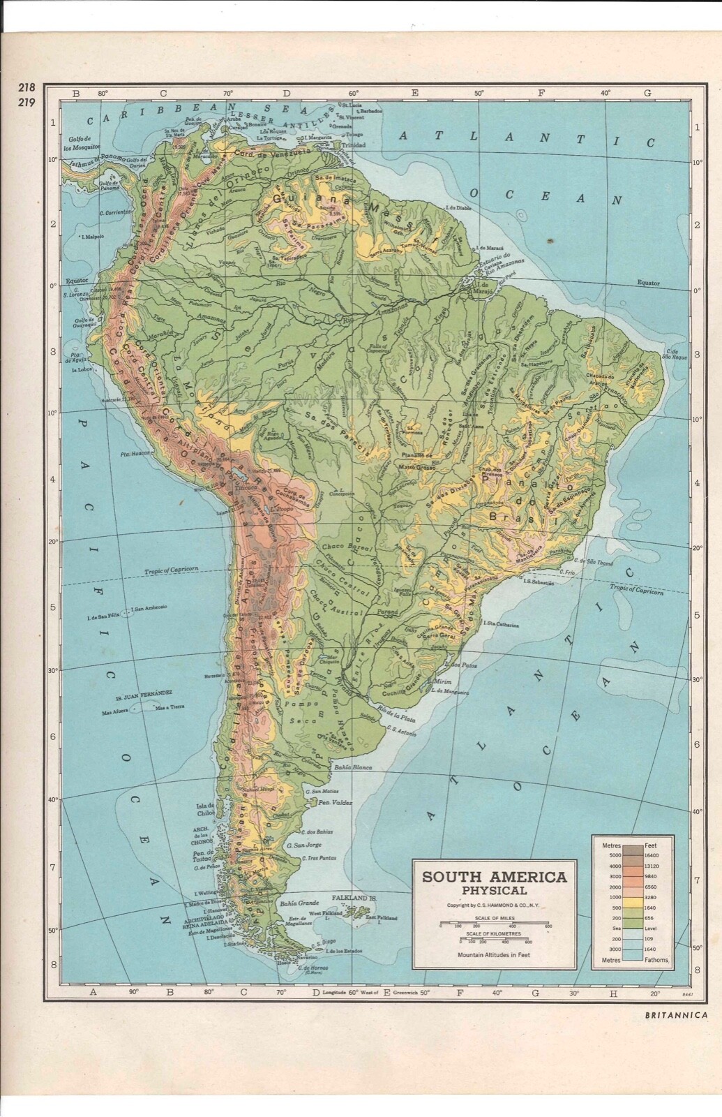 South America Physical Map 1947 Vintage Color 16.5 by 12 inch ready for art