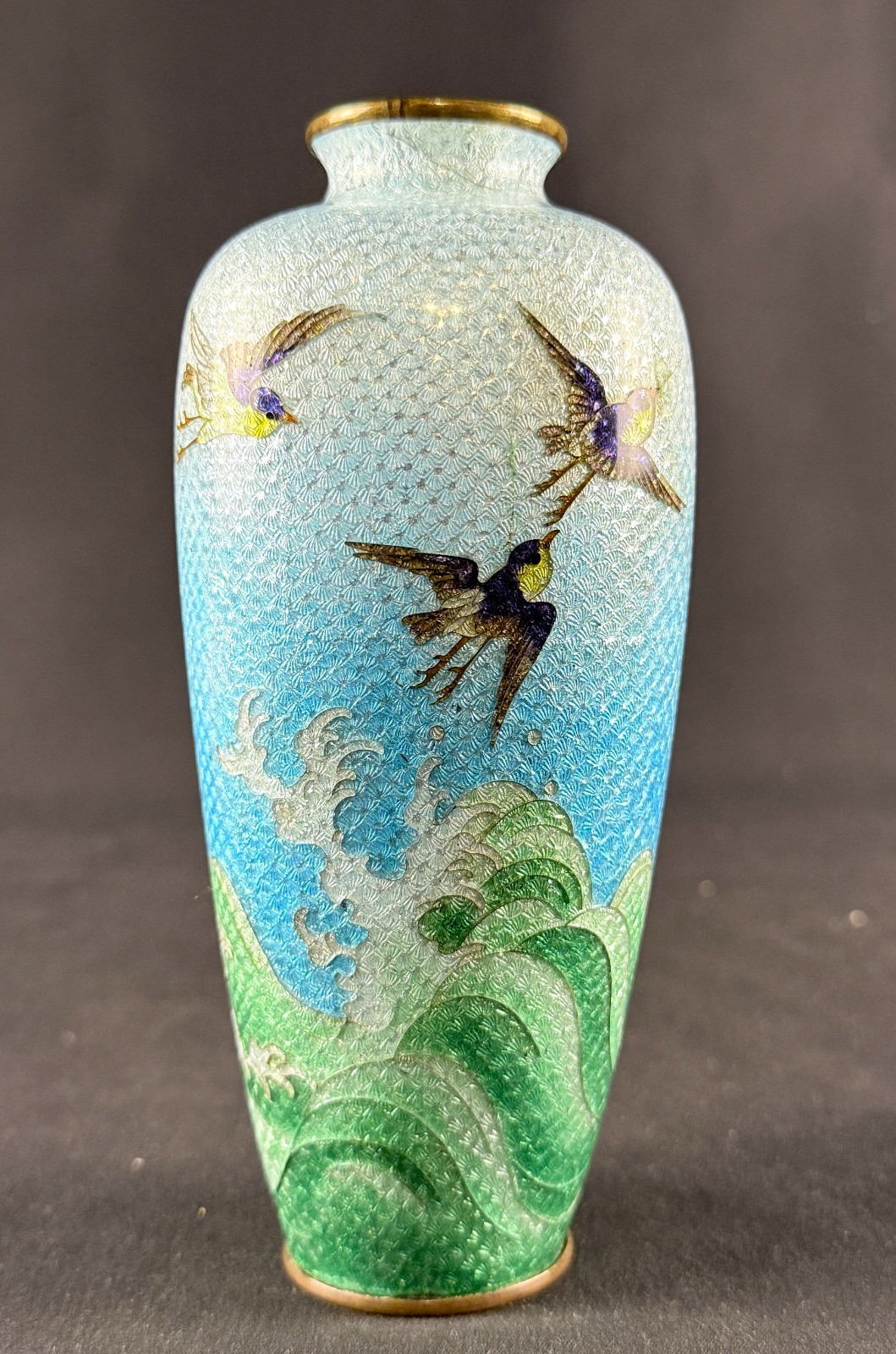 Japanese Meiji Cloisonné Ginbari Vase Swallows Waves Sky Blue Fine Wire work 6”